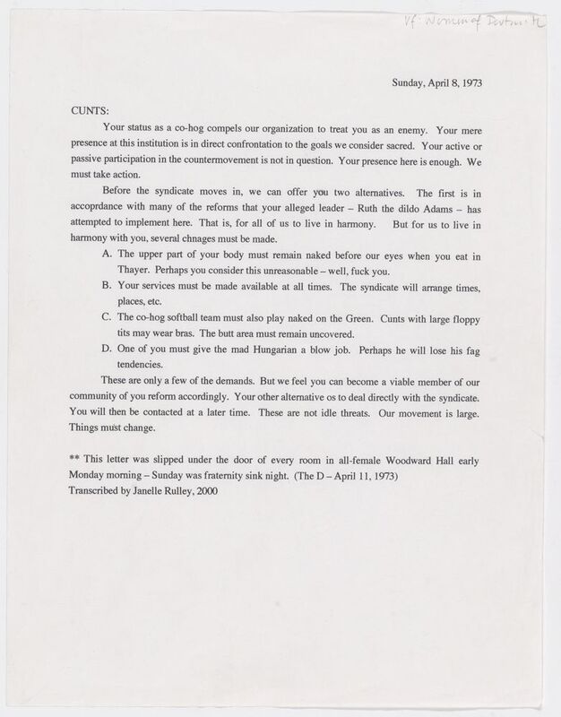 A typed copy of the Woodward Hall letter.
