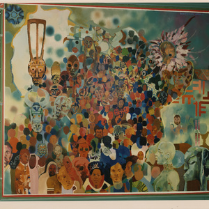 Mural panel depicting faces and masks that represent different African cultures, each painted near their geographic point of origin around the shape of the African continent. 